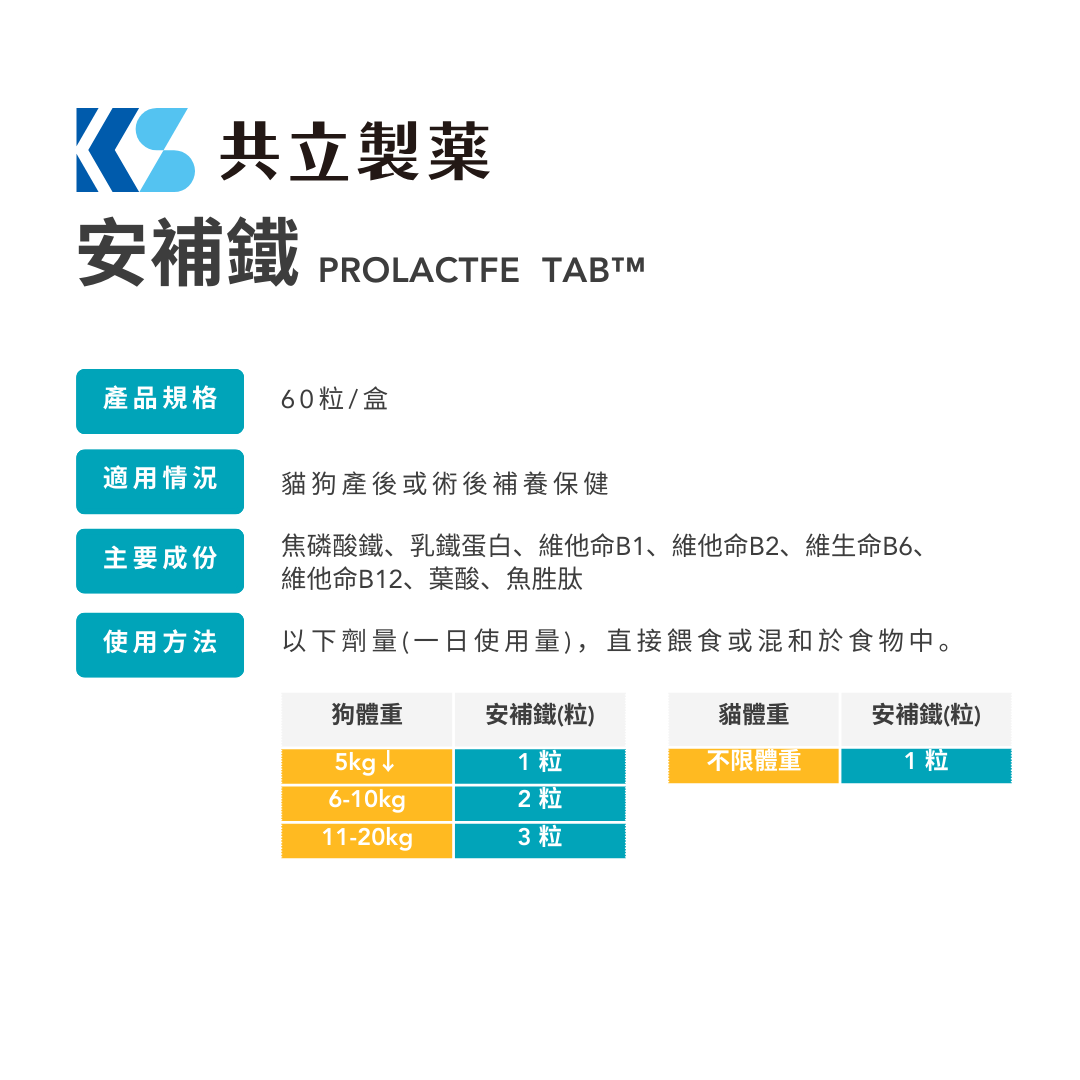 共立製藥 - 安補鐵 PROLACTFE 犬貓補血錠 60粒