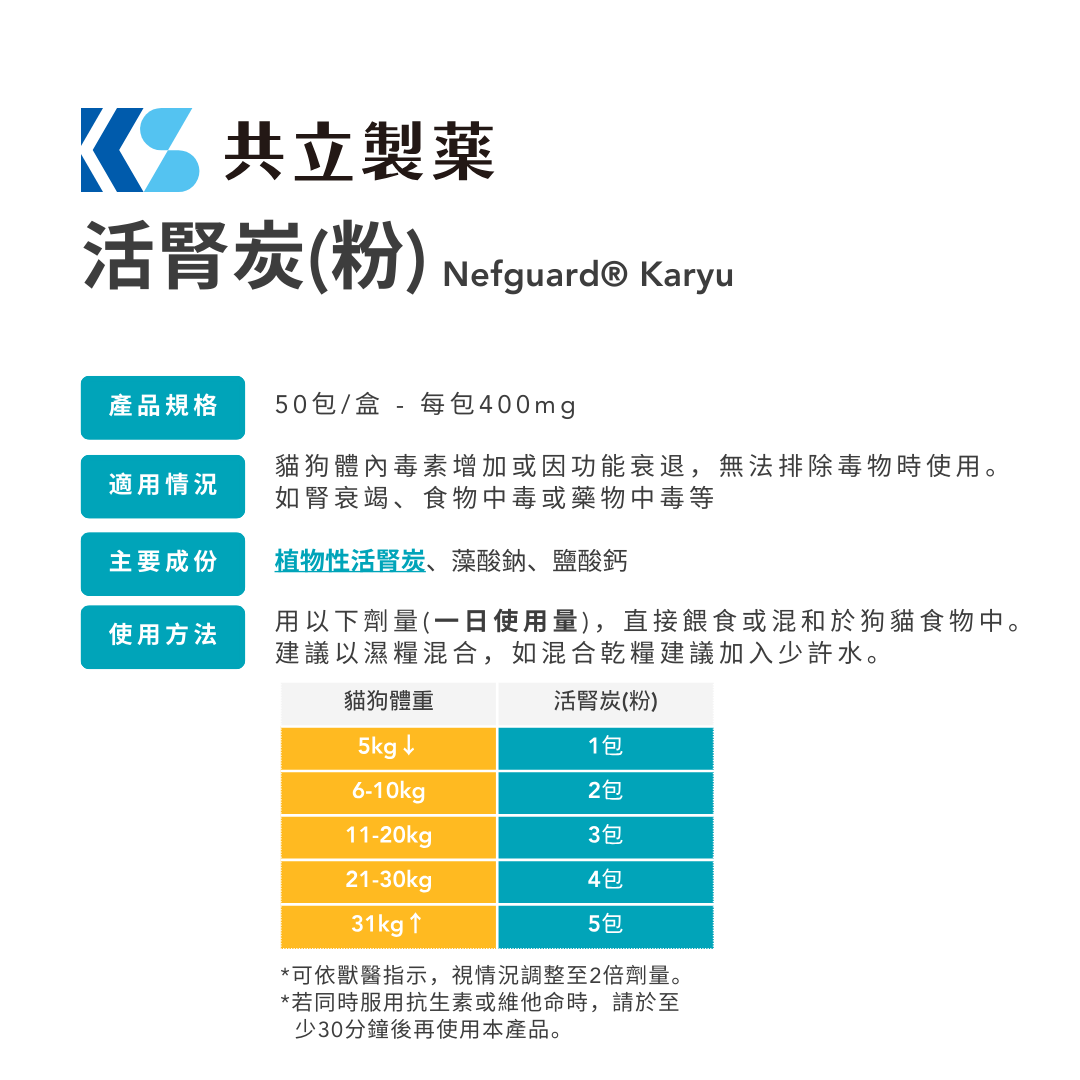 共立製藥 - 活腎炭(粉)Nefguard® Karyu  犬貓腎臟保健 50包(400mg/包)